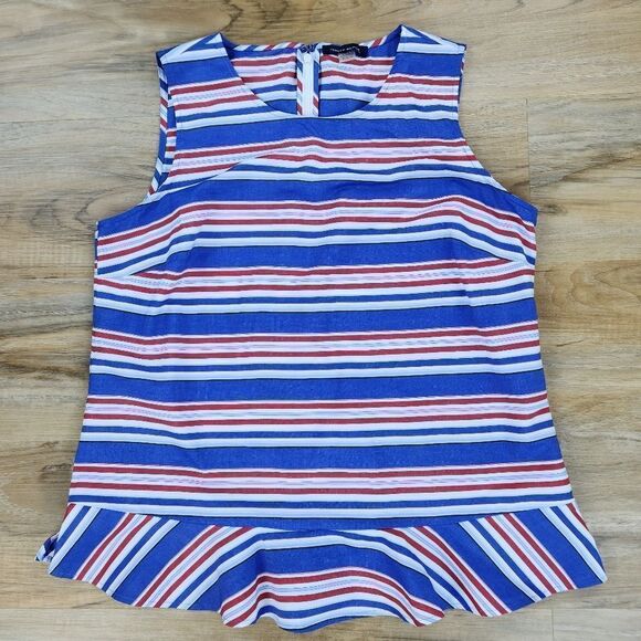 🍑Tommy Hilfiger Blue Striped Sleeveless Peplum Top Medium - Picture 1 of 9